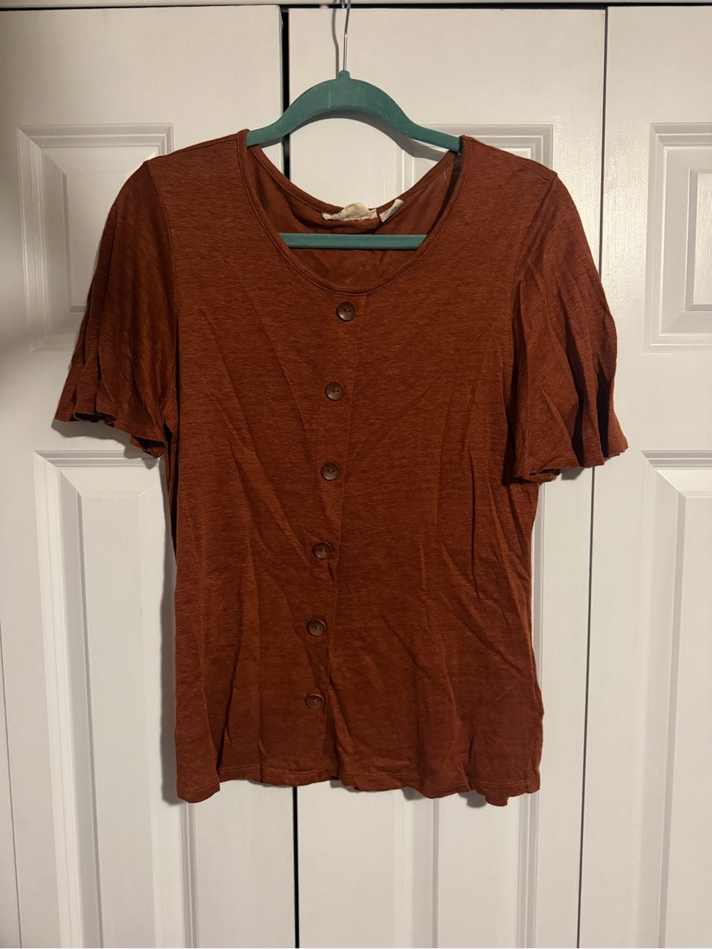 Women's Rust Button-Front Short Sleeve Linen Top